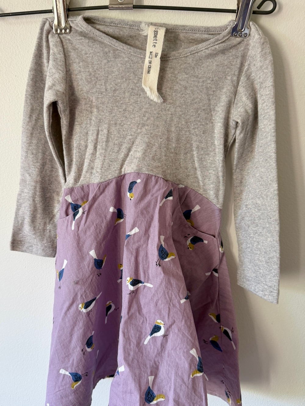 Girls' Lilac Bird-Print Casual Long Sleeve Dress